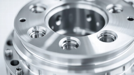 Precision Machined Component: A close-up macro photograph showcasing the intricate details of a precision machined metal component, highlighting the smooth, polished surfaces, precise edges.