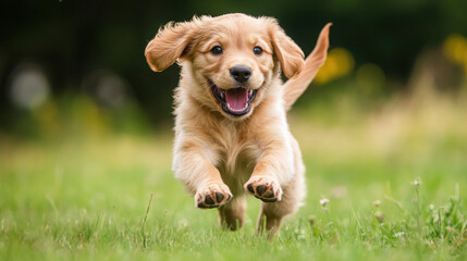 A joyful golden retriever puppy running through a grassy field, embodying playfulness and energy.