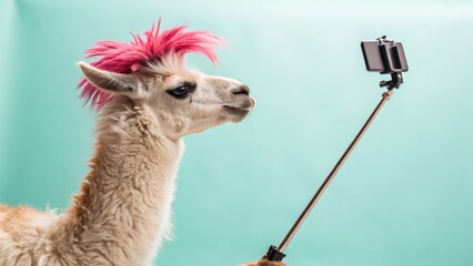 A quirky llama with pink hair takes a selfie using a smartphone on a selfie stick against a bright green background.