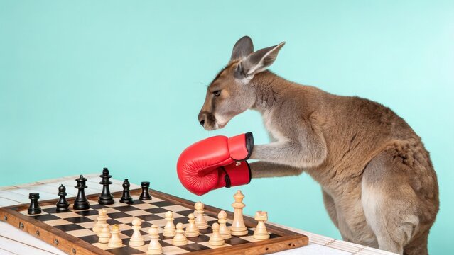 A kangaroo wearing boxing gloves curiously examines a chessboard, blending playful sports imagery with strategic gameplay.