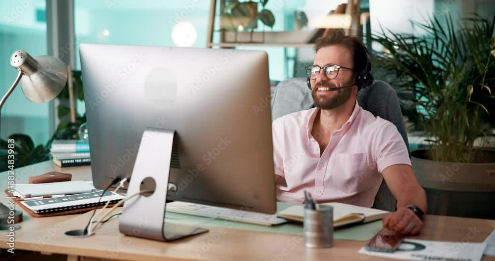 Aufkleber notebook, computer or man in call center for consulting online, loan question or financial advice. d
