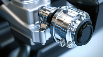Engine Part: Close-up of a shiny metallic engine part, showcasing its intricate details and sleek design. The reflective surface catches the light, creating a visually captivating image. 