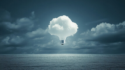 A light bulb shaped cloud floats above a tranquil ocean, symbolizing creativity and ideas.