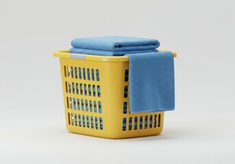 Fototapeta premium A yellow laundry basket with blue towels stacked neatly on top and hanging over the side of the basket