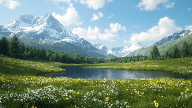 a painting of a mountain lake surrounded by wildflowers and trees with a blue sky with clouds above