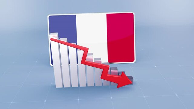 France Country Flag and Bar Chart Graph Showing Decreasing Values a Red Arrow Economic Crisis Concept. Flag of the France