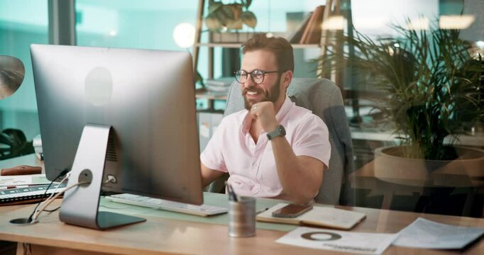 Computer, fist bump and web development with man coding software in office for launch or testing. Design, winner and success with happy developer employee at desk in workplace for infrastructure code