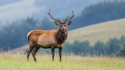 A majestic elk stands in a grassy field against a backdrop of rolling hills.