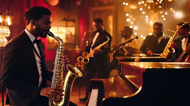 Jazz musicians performing passionately in a cozy, dimly lit lounge with elegant decor