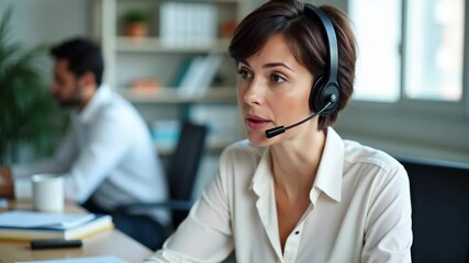 Dedicated female call center agent with headset assisting customers professionally