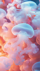 Obraz premium Dreamlike jellyfish with glowing translucent bodies drifting in colorful underwater light, ideal for phone wallpapers.