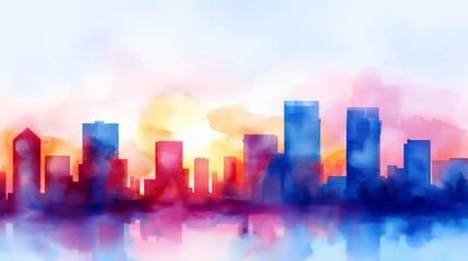 Obraz premium vibrant watercolor cityscape at sunset, showcasing silhouettes of buildings against colorful sky. warm hues evoke sense of tranquility and beauty