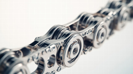 Mechanical Linkage: Close-up of a gleaming metallic chain showcasing intricate engineering and design, symbolizing strength, connection, and the precision of modern mechanisms.