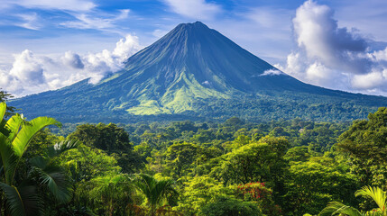 Fototapeta premium A majestic volcano rises above a lush green forest under a bright blue sky with clouds.