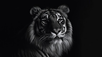 Obraz premium Tiger portrait, black and white, dark background, wildlife, stock photo
