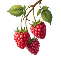 Illustration of ripe red raspberries hanging from branch with vibrant green leaves. Isolated on white background