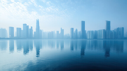 Obraz premium A misty city skyline reflected on a calm water surface, showcasing modern architecture.