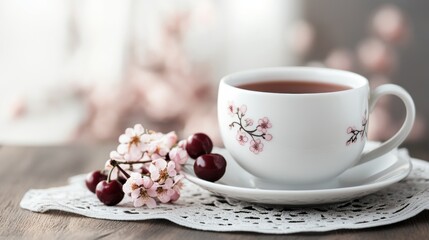 vintage tea party, tea party arranged with cherry porcelain, vintage lace doily, and dusty pink flowers on a wooden table, giving it a charming look
