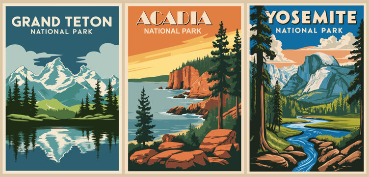 A collection of posters featuring various national parks and mountain ranges. The postcards are arranged in a grid and include Acadia, Grand Teton, Yosemite