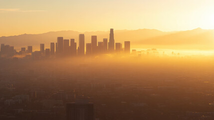 A misty sunrise over a city skyline, highlighting buildings and mountains in the background.