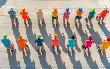 Obraz premium Group of People Learning to Skate in a Colorful Urban Setting , aerial drone photo series