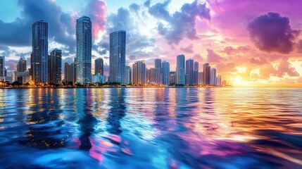 Fototapeta premium Miami Skyline Sunset Reflection - Vibrant colors