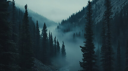 A misty valley surrounded by tall evergreen trees, creating a serene, atmospheric landscape.