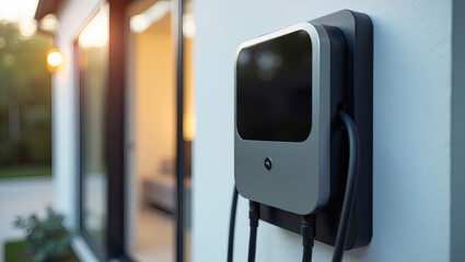 an electric vehicle charger mounted on the exterior of a modern brick home. The charger is black and sleek, with a charging cable extending towards the ground