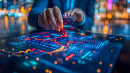 Naklejka premium Hand Interacting with Futuristic Holographic Interface