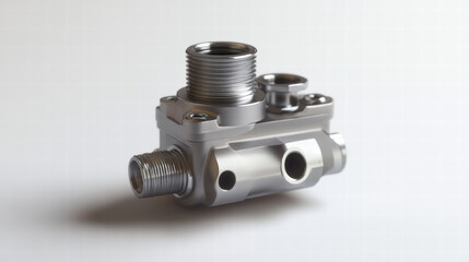 Industrial Silver Valve: A close-up of a silver-plated valve, showcasing its intricate design and functionality.  The valve's details are highlighted against a stark white background.