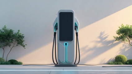 EV charger installed on a wall outside, demonstrating sustainable energy use and eco-friendly transportation. Close-up view of an electric vehicle charger with a blurred green environment background.