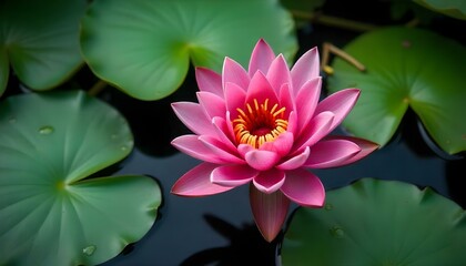 A macro shot captures a vibrant pink water lily in full bloom, set against a backdrop of lush green lily pads floating on dark water