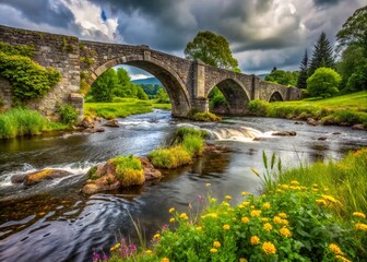 Fototapeta premium Ancient Bridge Over River: Capturing a breathtaking view of a historic stone bridge gracefully spanning a vibrant river, embraced by lush greenery, under a dramatic sky