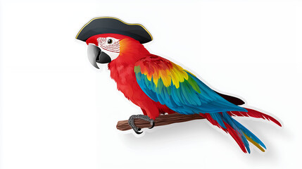 Obraz premium Colorful parrot with vibrant feathers perched on branch, wearing pirate hat, exuding playful and adventurous spirit