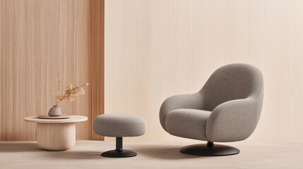 Cozy armchair and ottoman set in modern interior with wooden accents. soft textures and neutral colors create warm and inviting atmosphere