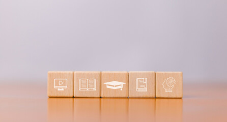 Wooden blocks concept of e-learning education, internet lessons and webinars, online lesson participants on learning digital education online with webinars, learning, training, education, courses, tut