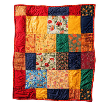 Close up of a colorful patchwork quilt with red border and various floral and geometric patterns