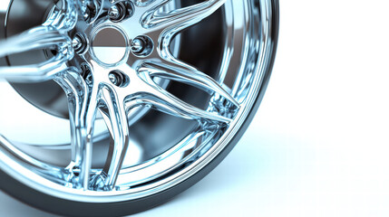 Shiny Wheel: A striking close-up of a car wheel gleaming with a polished chrome finish, showcasing its intricate design and radial spokes, a symbol of speed and modernity.