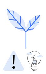 Blue leaf symbolizing growth, lightbulb with solar panel and windmill representing renewable energy, and warning sign for environmental awareness. Ideal for environment, sustainability, renewable