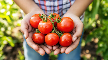 A person holding fresh tomatoes in their hands, showcasing a bountiful harvest.