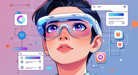 High tech smart glasses with augmented reality display and interactive interface elements anime cartoon style illustration artwork design background