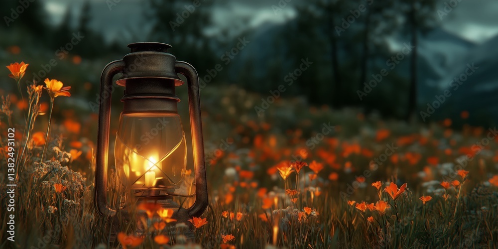 Wall mural a rustic lantern glowing softly amidst a field of vibrant orange flowers, creating a warm and inviti