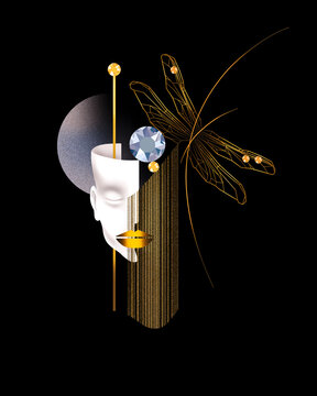 Abstract art with a geometric face and gold elements on a black background