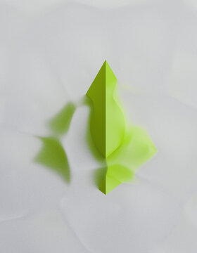 3D rendering of a bright green geometric pyramid shape with soft fluid forms