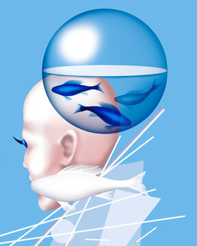 Surreal illustration of a head with a fish-filled sphere symbolizing imagination and tranquility