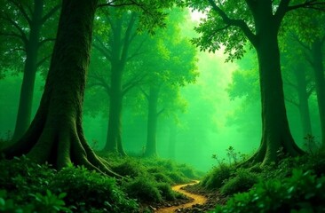 Obraz premium Lush green forest pathway illuminated by soft sunlight filtering through dense foliage in early morning hours