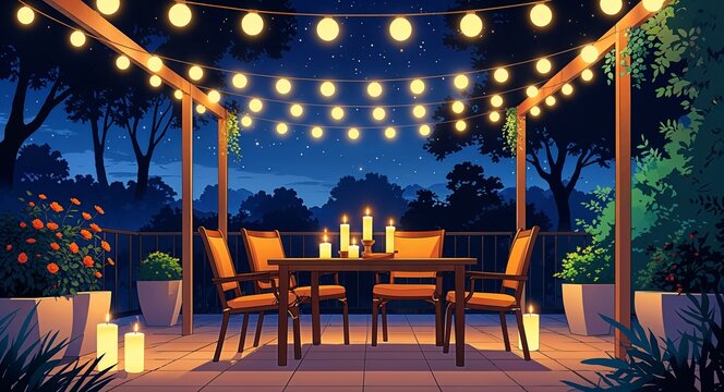 Intimate outdoor patio with string lights and candles at night anime cartoon style illustration artwork design background