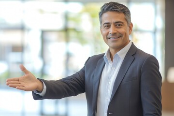 Confident Hispanic man in a suit welcoming guests with a friendly gesture.