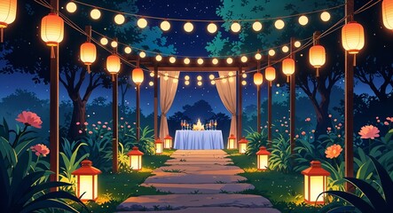 Obraz premium Lantern lit path leading to a party venue at night anime cartoon style illustration artwork design background