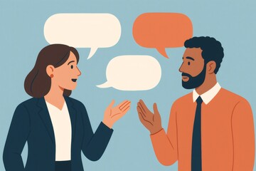 Obraz premium Business colleagues exchanging ideas and discussing work related issues using speech bubbles
